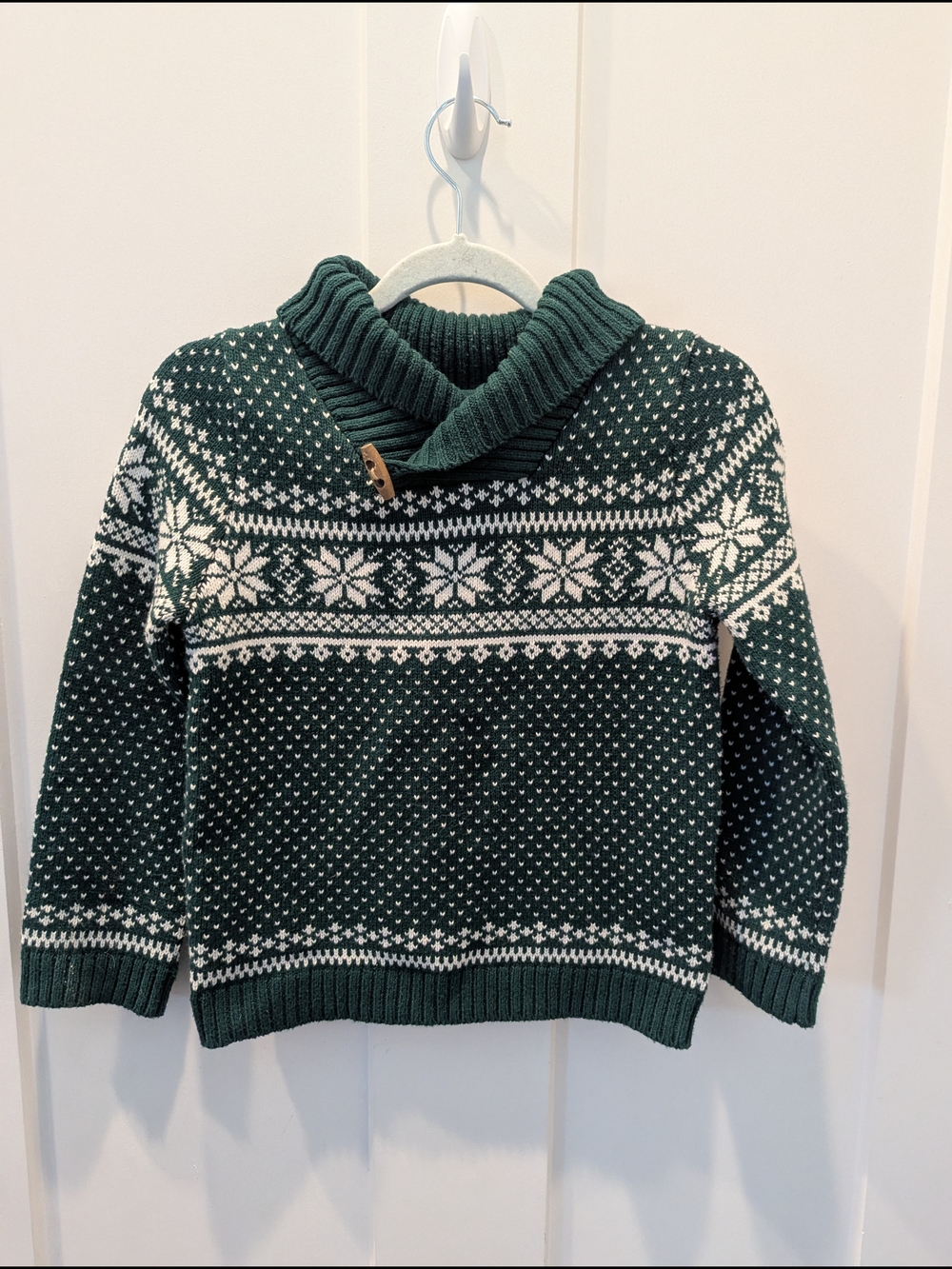 Green and White Shawl Collar Fair Isle Sweater - Kids